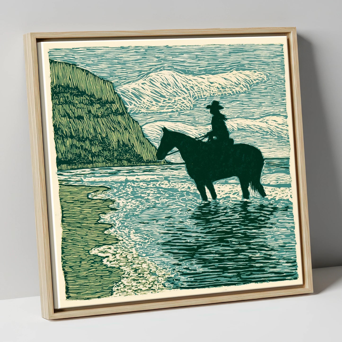 Edge of the Tide beach horse canvas wall art in natural frame