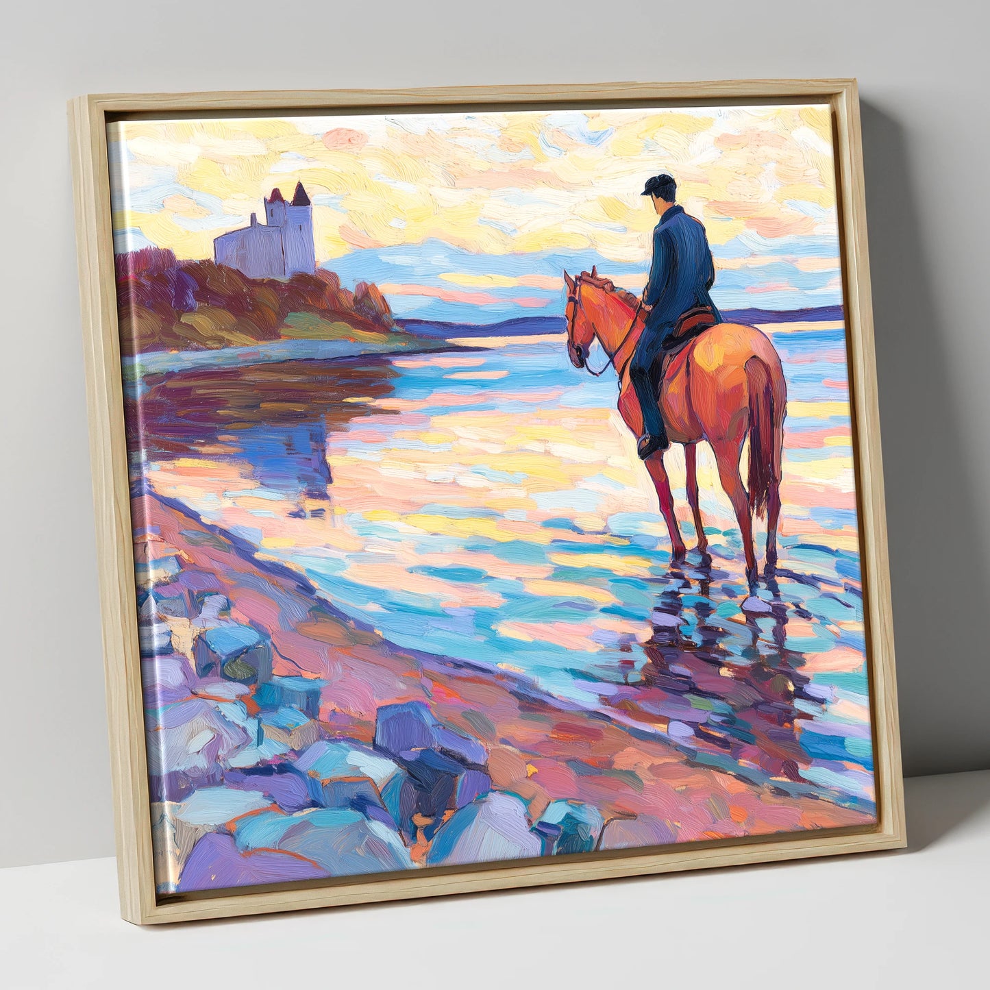 Rider at Castle Bay beach horse canvas wall art in natural frame