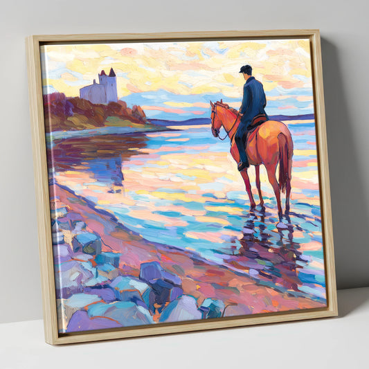 Rider at Castle Bay beach horse canvas wall art in natural frame