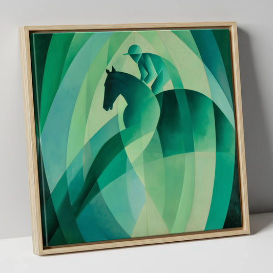 Emerald Rhythm racing horse canvas wall art in natural frame