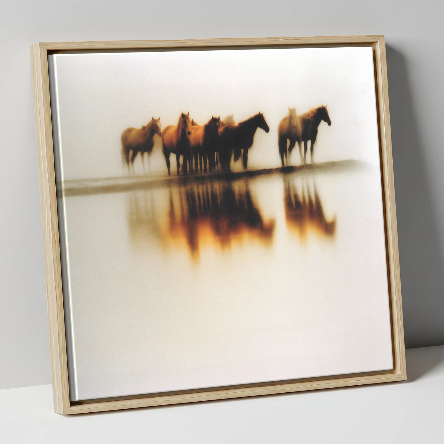 Mirage of the Herd wild horses canvas wall art in natural frame