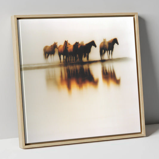 Mirage of the Herd wild horses canvas wall art in natural frame