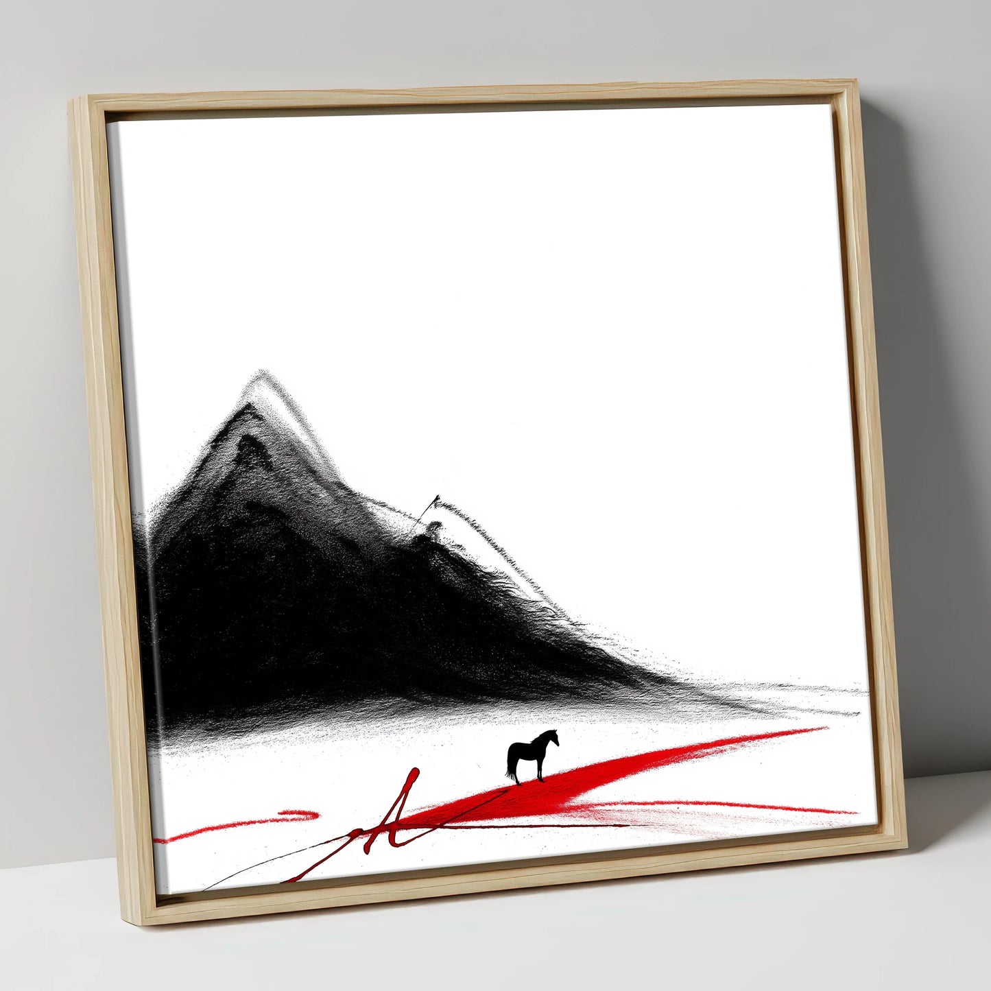 Crimson Path Silhouette horse landscape canvas wall art in natural frame