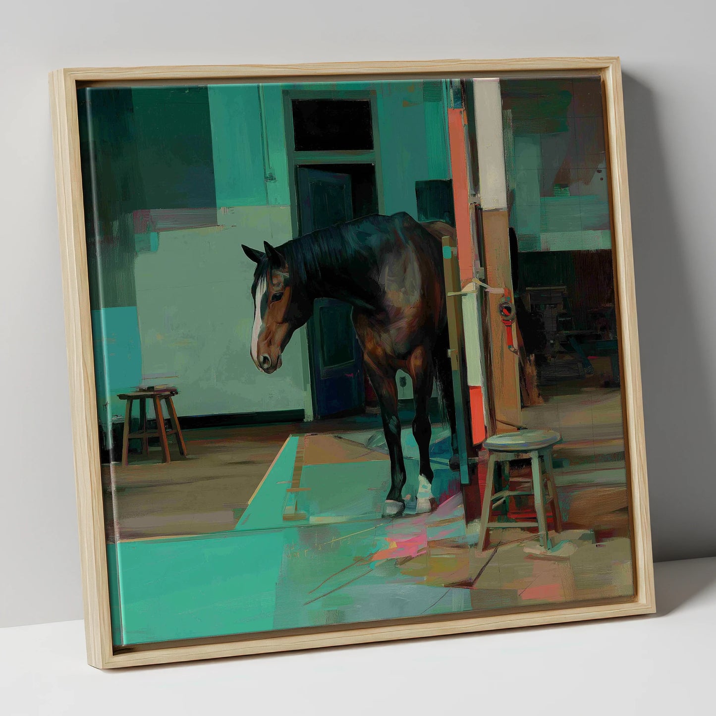 Quiet Yard in Teal horse stable canvas wall art in natural frame