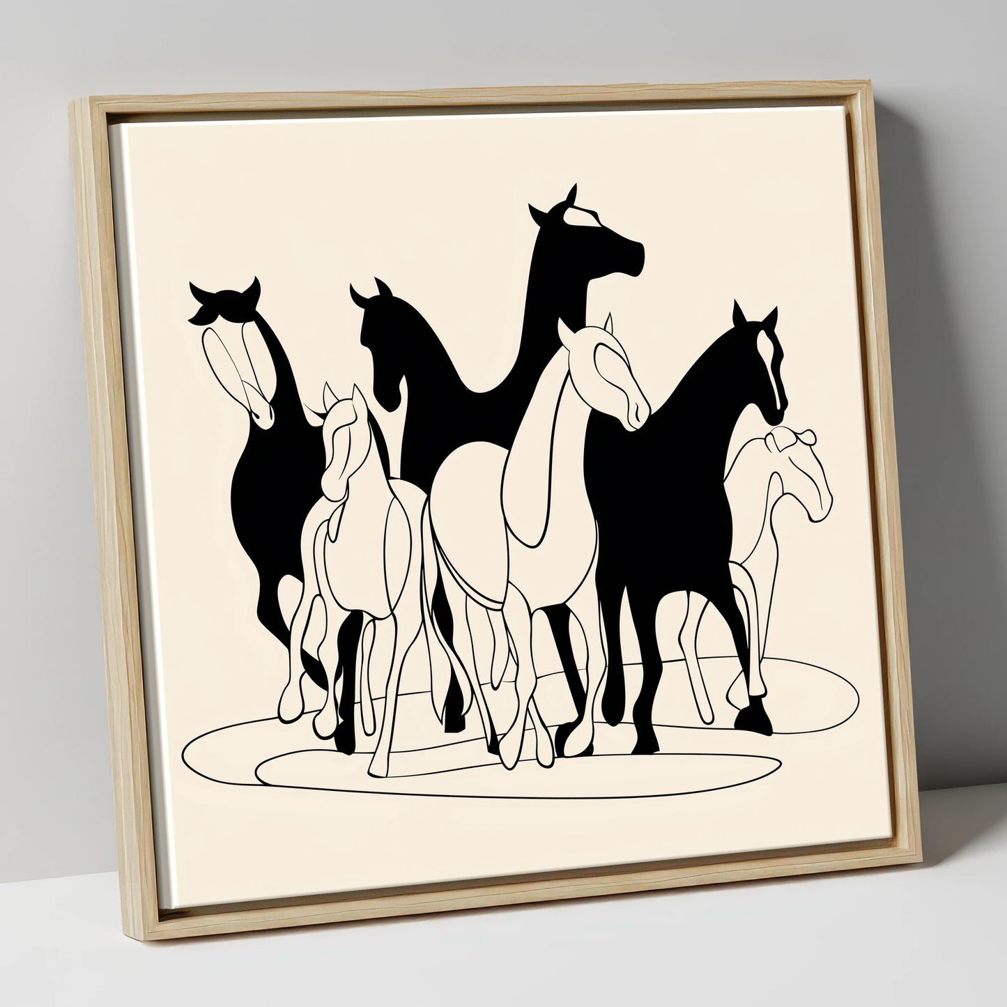 Monochrome Herd Silhouettes wild horses canvas wall art in natural frame