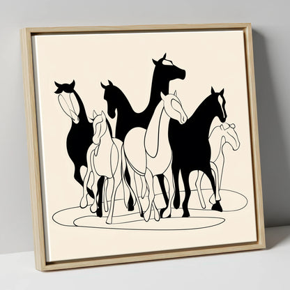 Monochrome Herd Silhouettes wild horses canvas wall art in natural frame