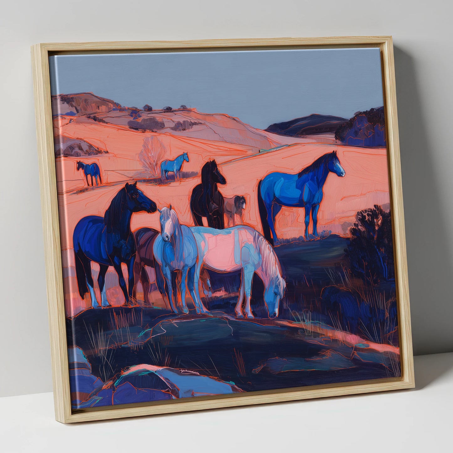 Indigo Herd at Dusk horse landscape canvas wall art in natural frame