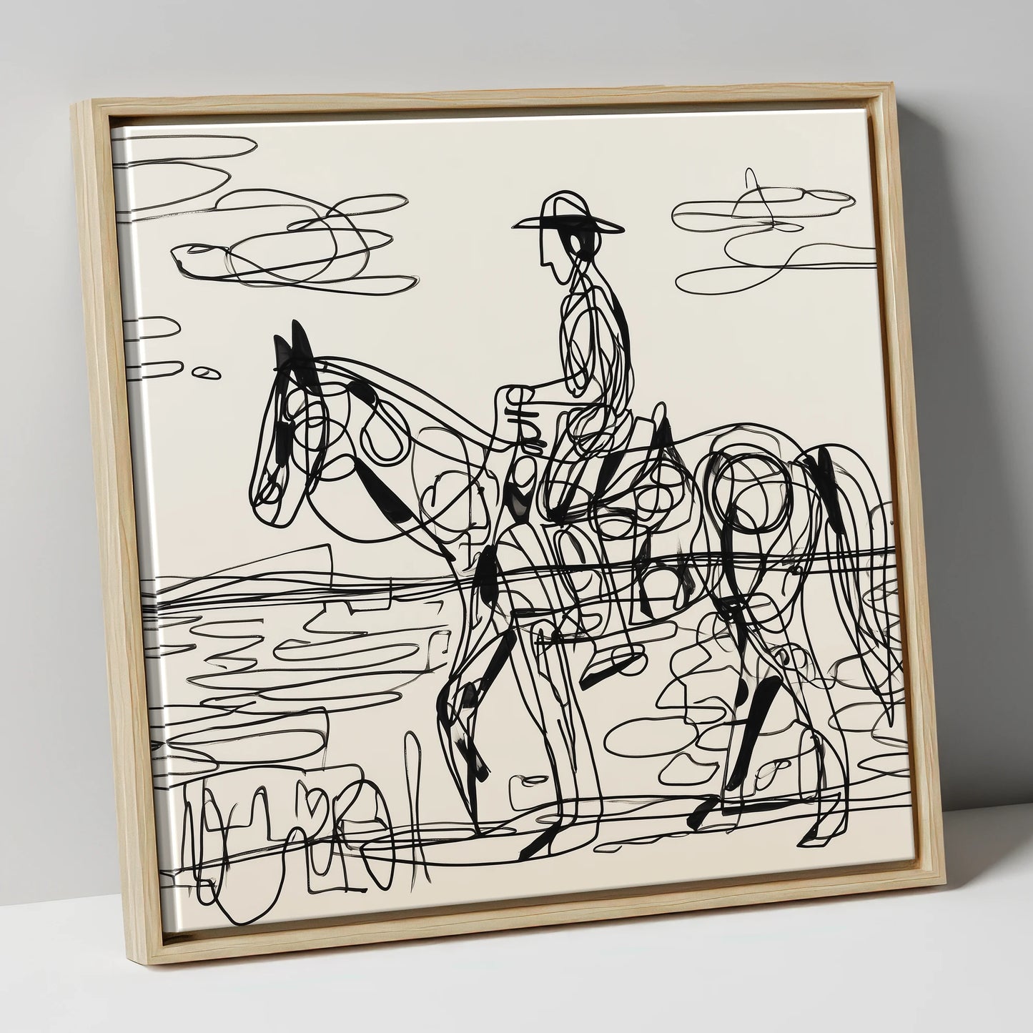 Linear Beach Ride beach horse canvas wall art in natural frame