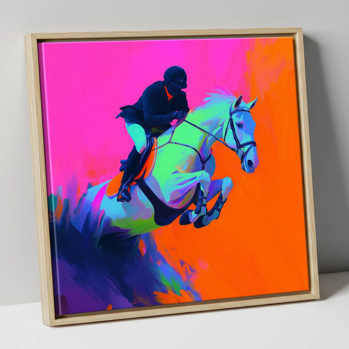 Electric Flight show jumping horse canvas wall art in natural frame