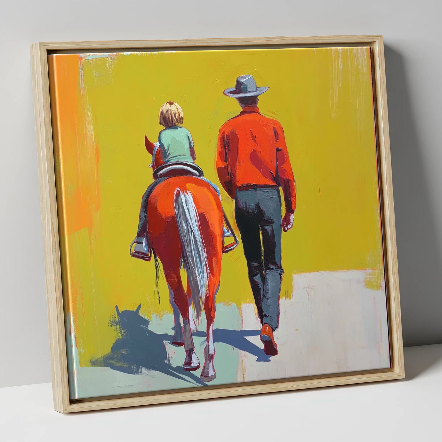 Leading the First Ride horse & rider canvas wall art in natural frame