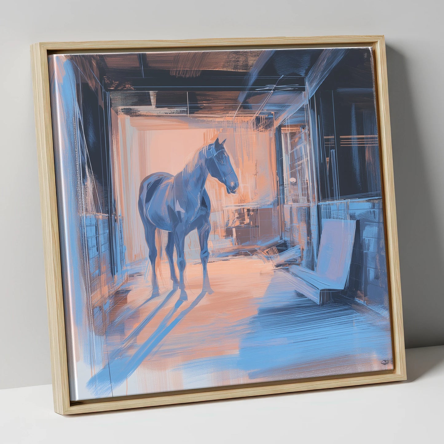 The Quiet Aisle horse stable canvas wall art in natural frame