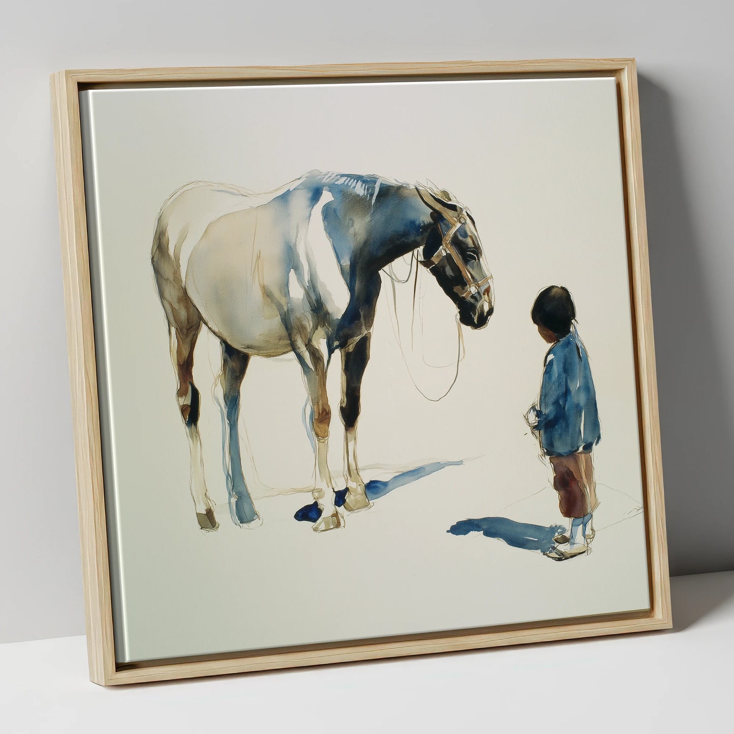 Silent Accord horse & rider canvas wall art in natural frame