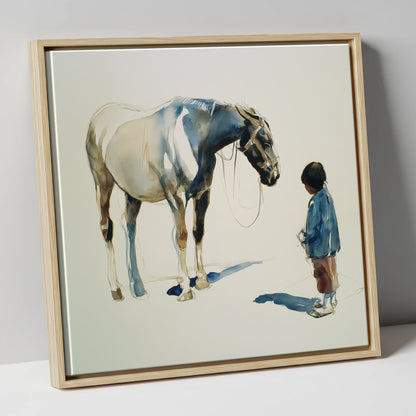Silent Accord horse & rider canvas wall art in natural frame