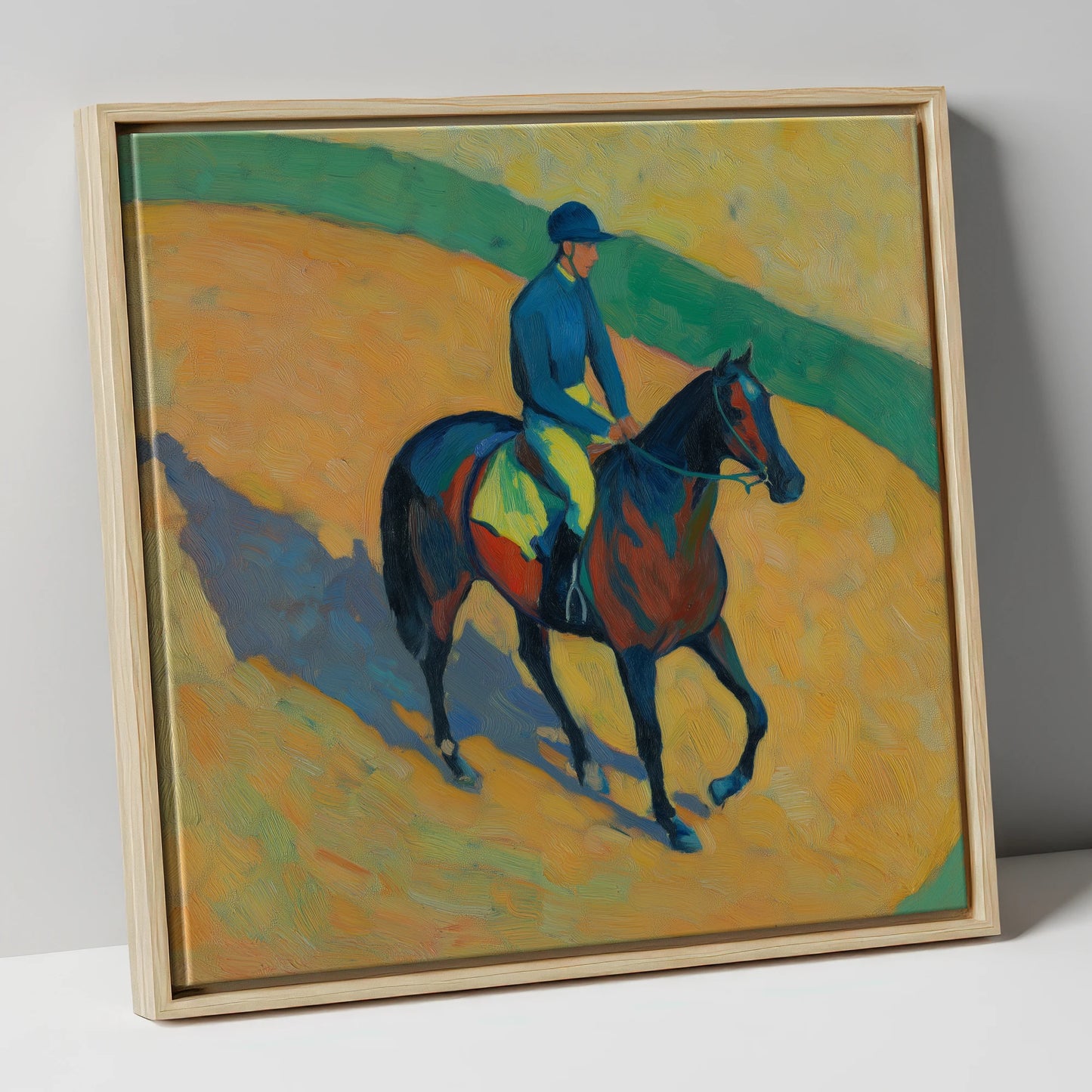 Shadows on the Golden Track racing horse canvas wall art in natural frame
