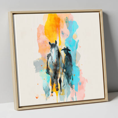 Vibrant Frontier Bond western horse canvas wall art in natural frame