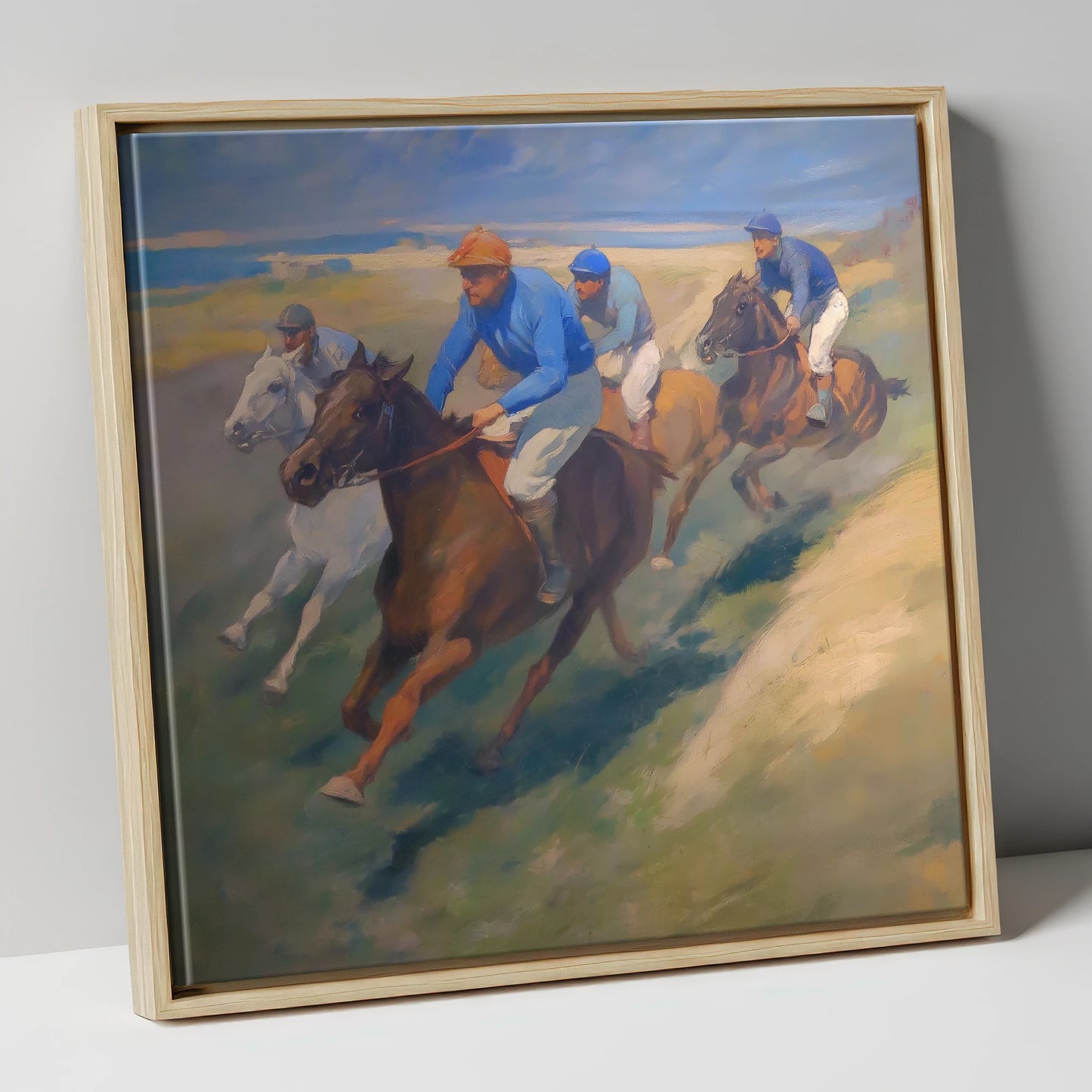 The Classic Chase racing horse canvas wall art in natural frame