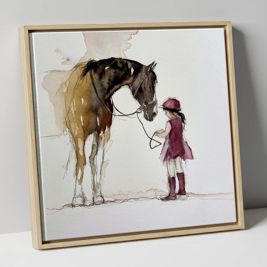 A Gentle Bond horse & rider canvas wall art in natural frame