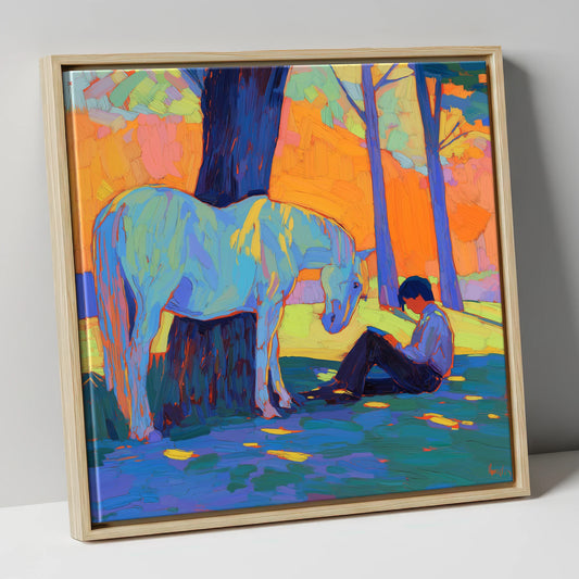 Shared Solitude horse & rider canvas wall art in natural frame