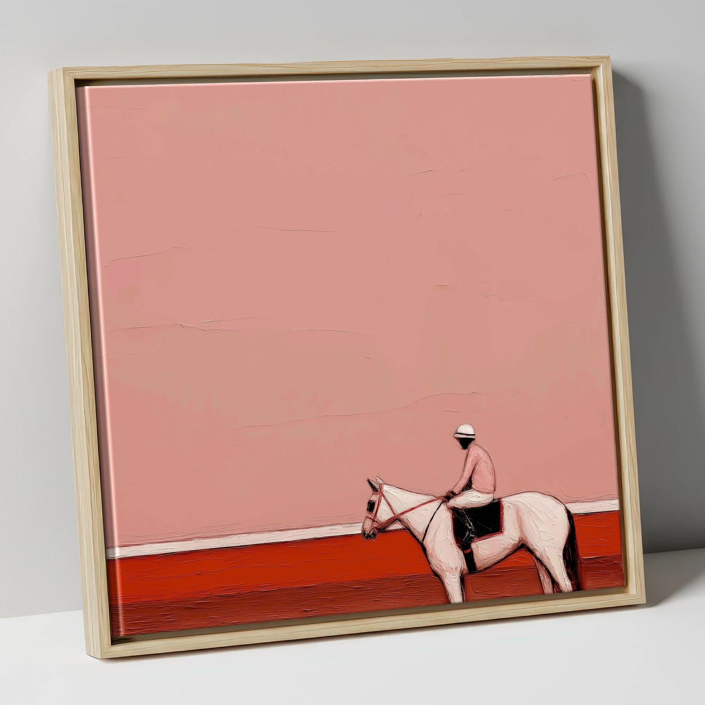 Dusty Rose Paddock racing horse canvas wall art in natural frame