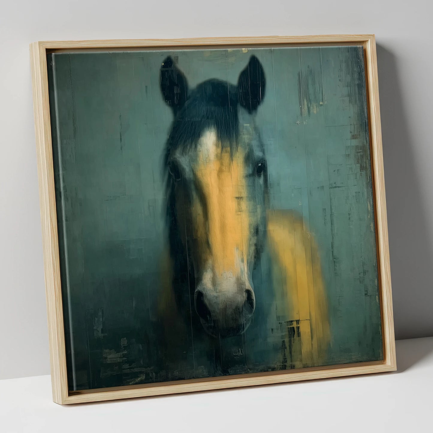 Ochre and Slate horse portrait canvas wall art in natural frame
