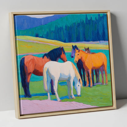 Vivid Pasture Herd horse landscape canvas wall art in natural frame