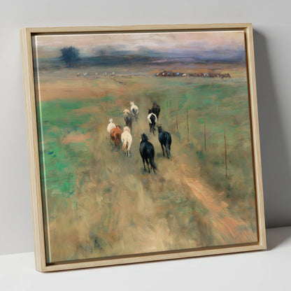 Following the Herd wild horses canvas wall art in natural frame