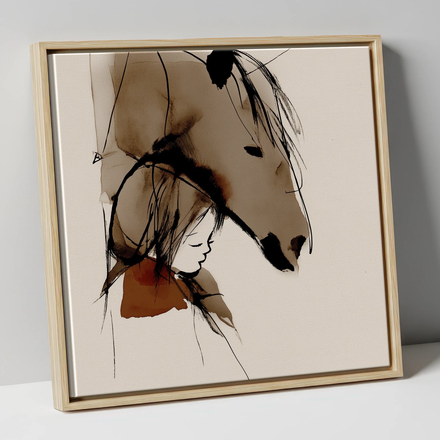 The Quiet Bond horse & rider canvas wall art in natural frame