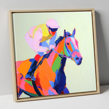 Vibrant Final Furlong racing horse canvas wall art in natural frame