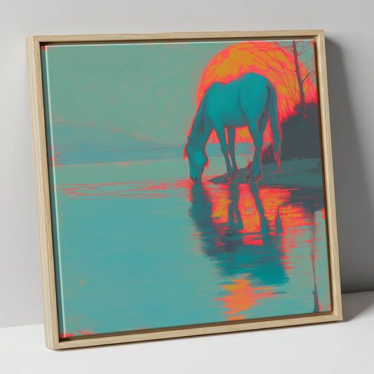 Electric Sunset Reflections horse landscape canvas wall art in natural frame