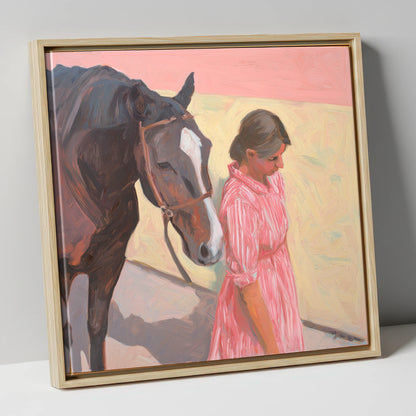 Walking in Step horse & rider canvas wall art in natural frame