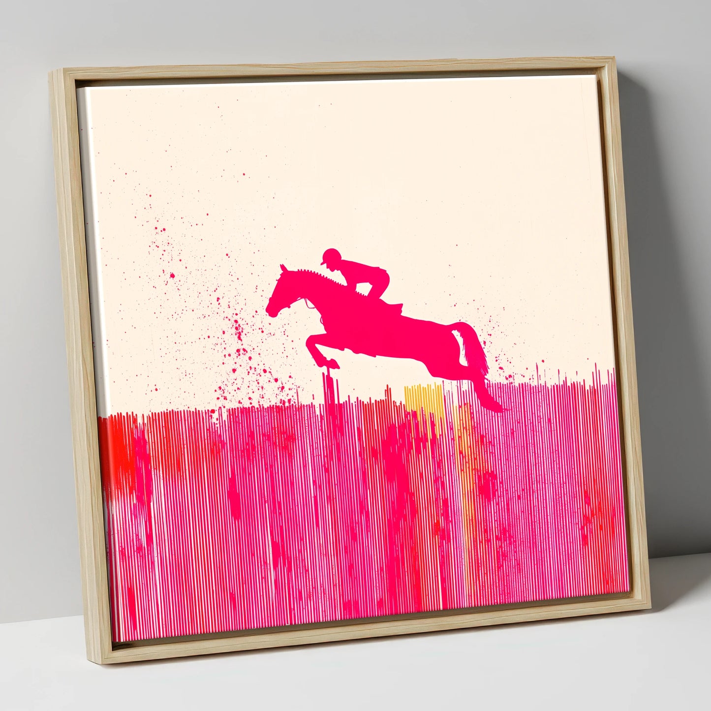 Vibrant Magenta Leap show jumping horse canvas wall art in natural frame