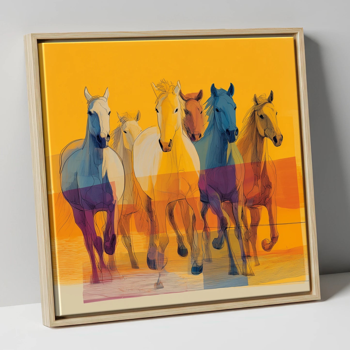 The Vibrant Herd horse landscape canvas wall art in natural frame