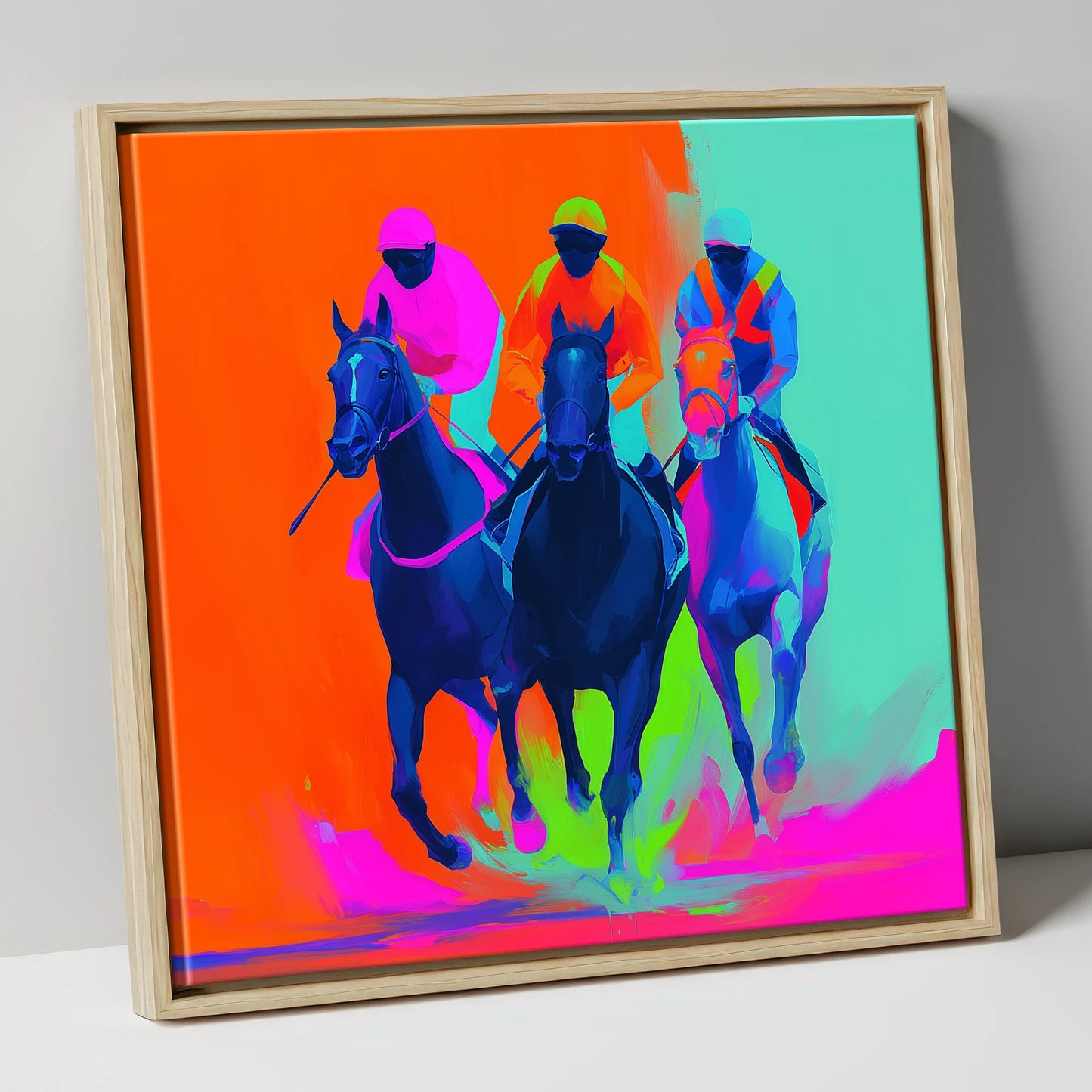 Neon Final Furlong racing horse canvas wall art in natural frame
