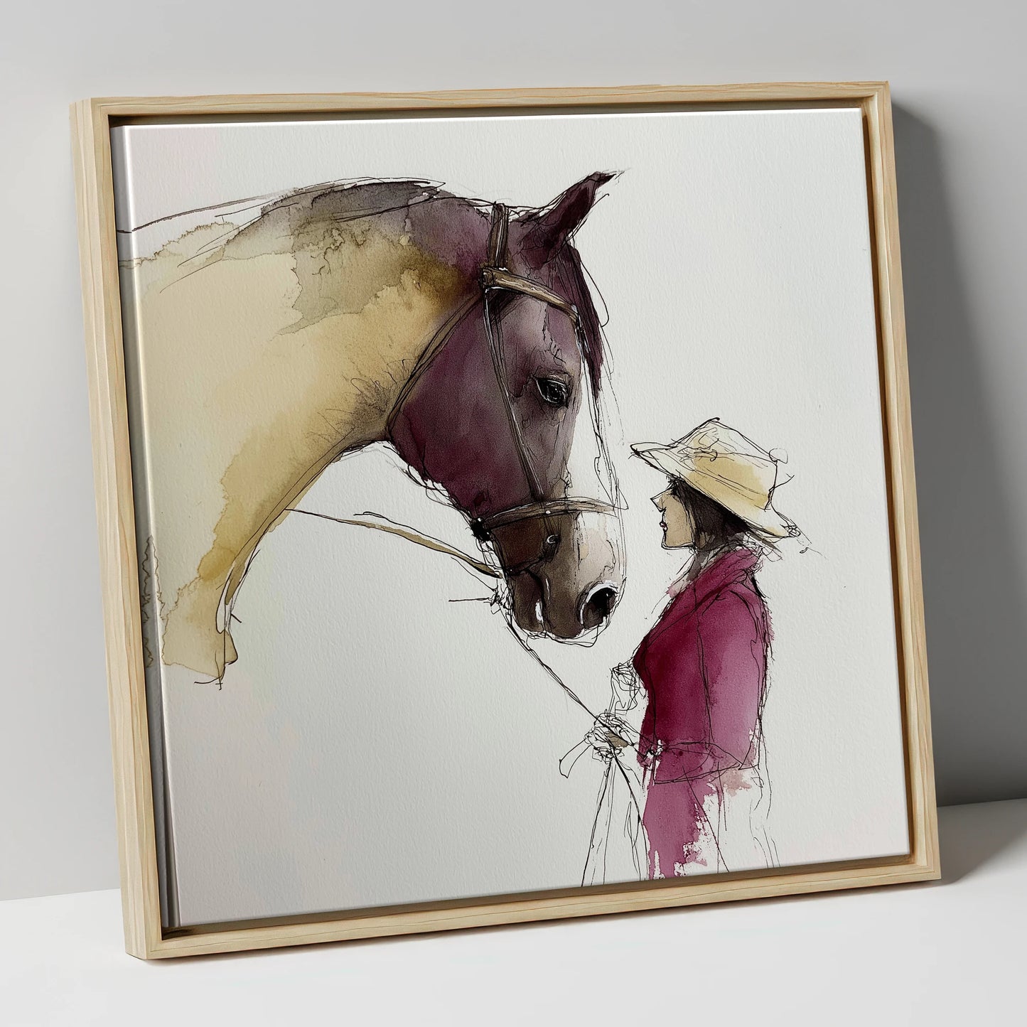 The Silent Dialogue horse & rider canvas wall art in natural frame