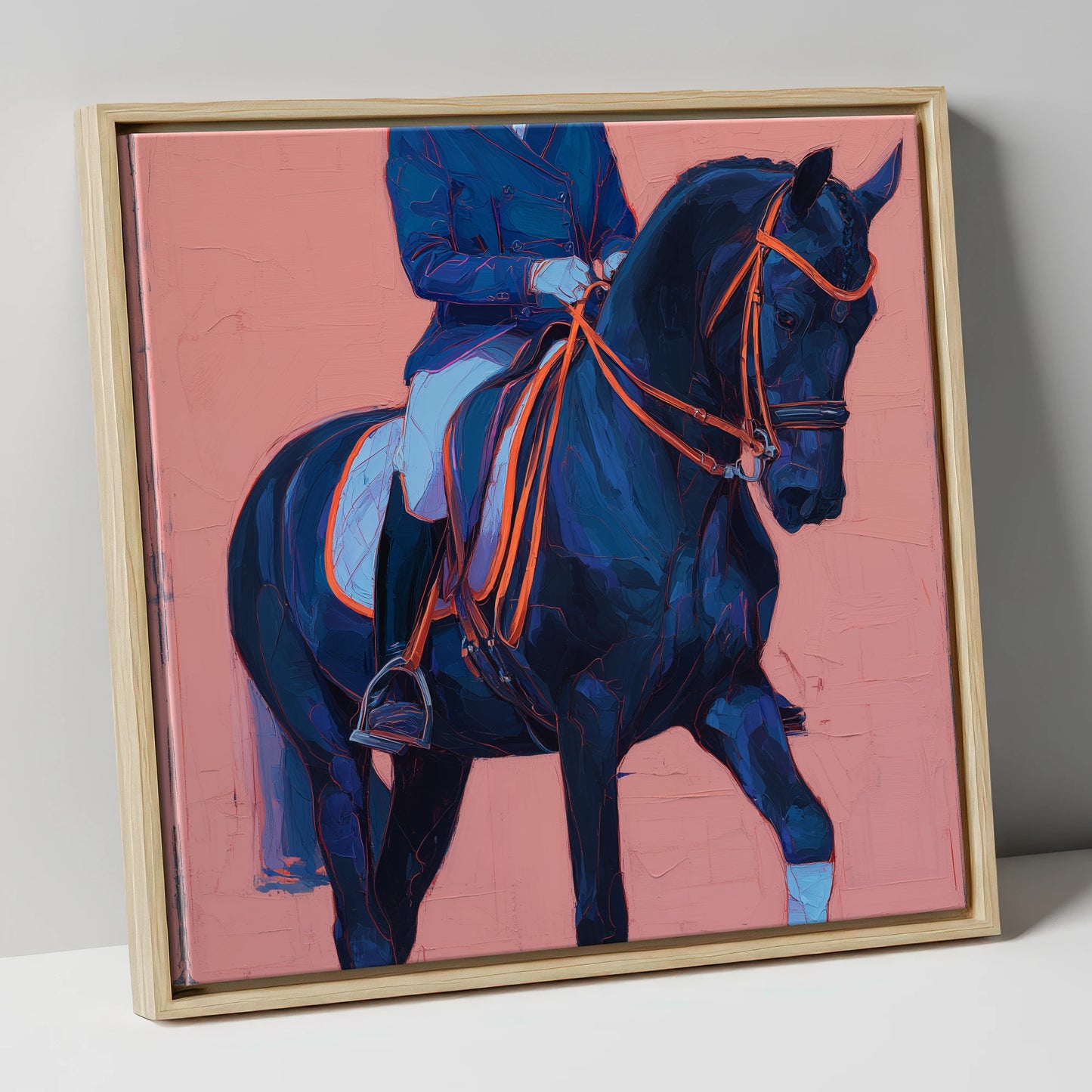 Indigo Dressage Rhythm dressage horse canvas wall art in natural frame