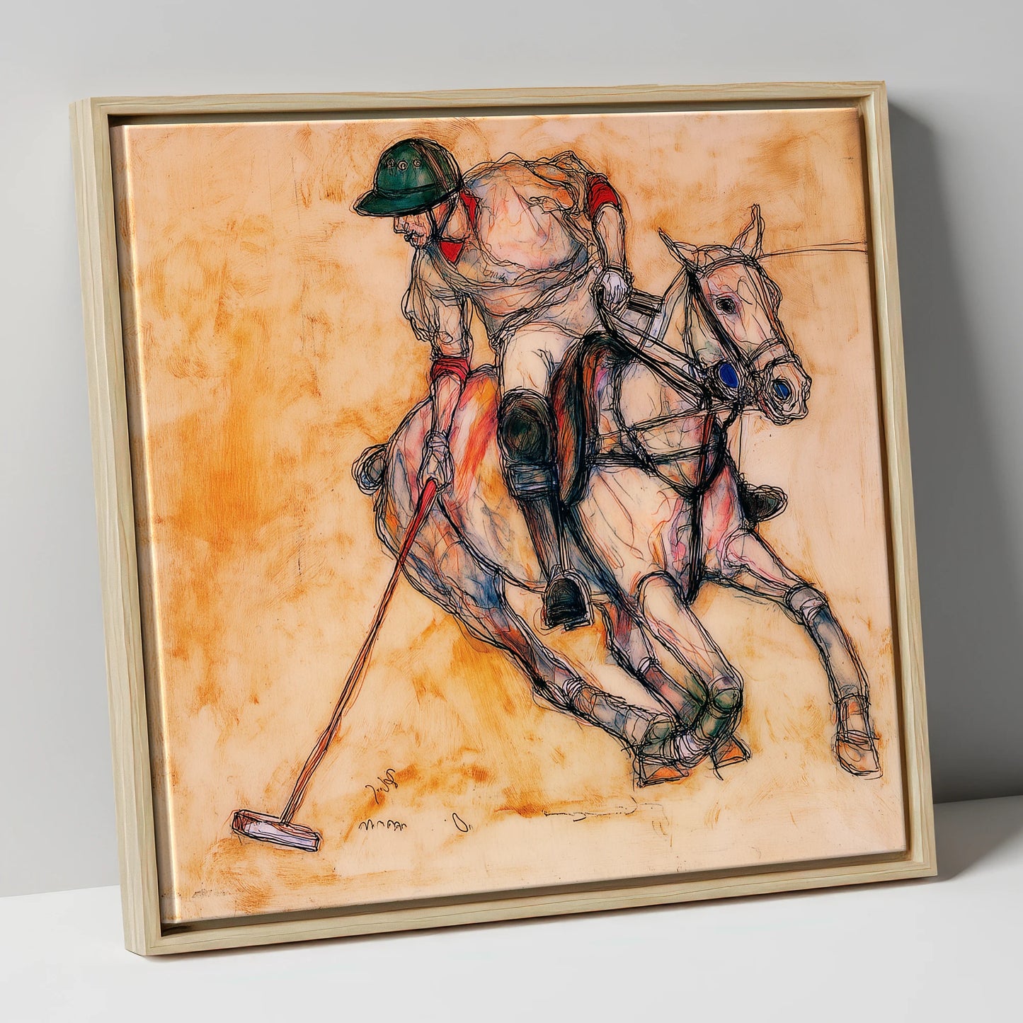 The Decisive Strike polo horse canvas wall art in natural frame