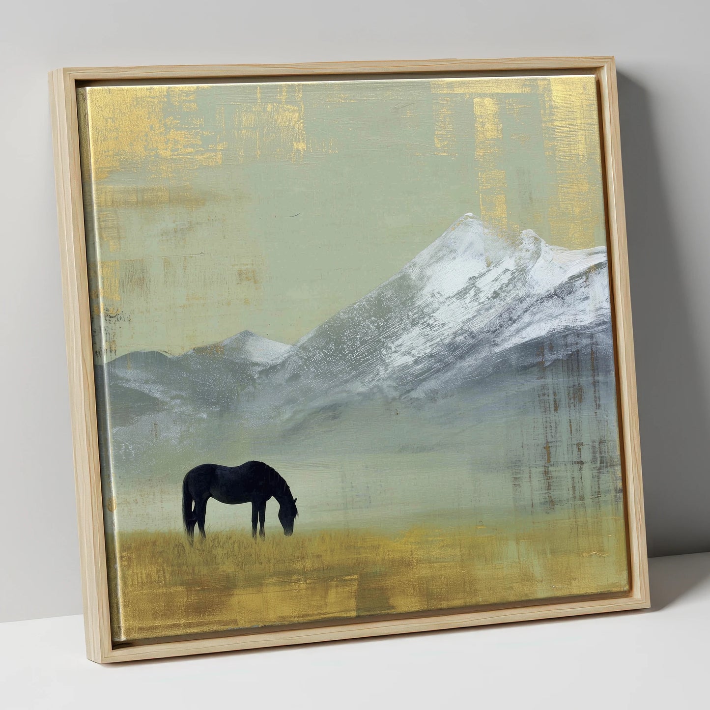 Gilded Mountain Solitude horse landscape canvas wall art in natural frame