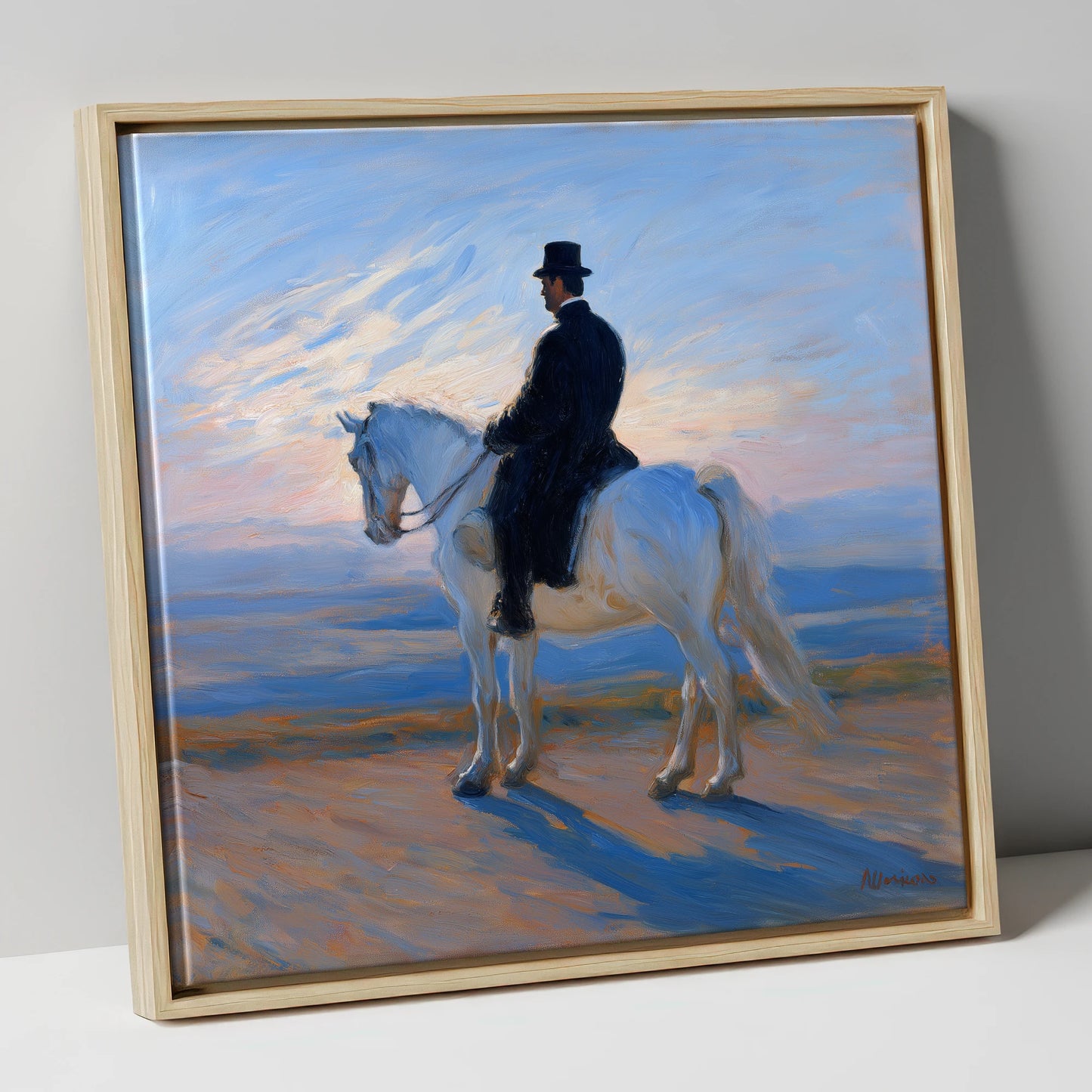 The Classical Rider dressage horse canvas wall art in natural frame