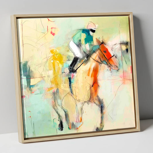 The Fleeting Stride racing horse canvas wall art in natural frame