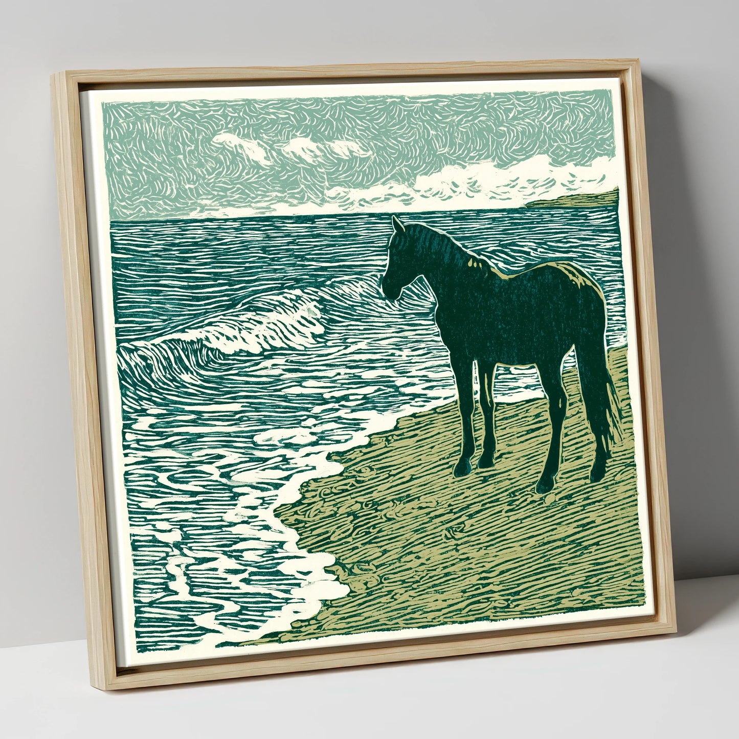 Shoreline Watch horse landscape canvas wall art in natural frame