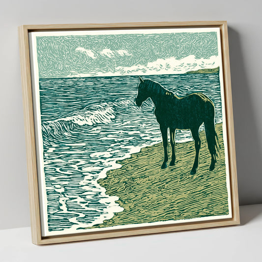 Shoreline Watch horse landscape canvas wall art in natural frame