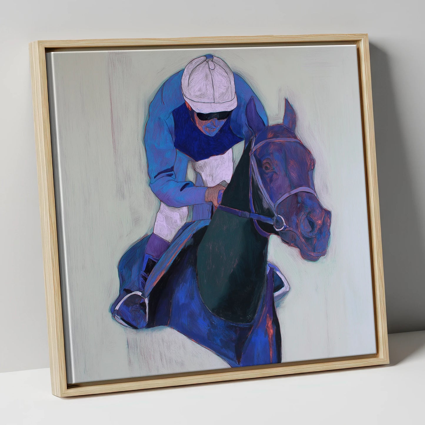 Focused in Blue racing horse canvas wall art in natural frame