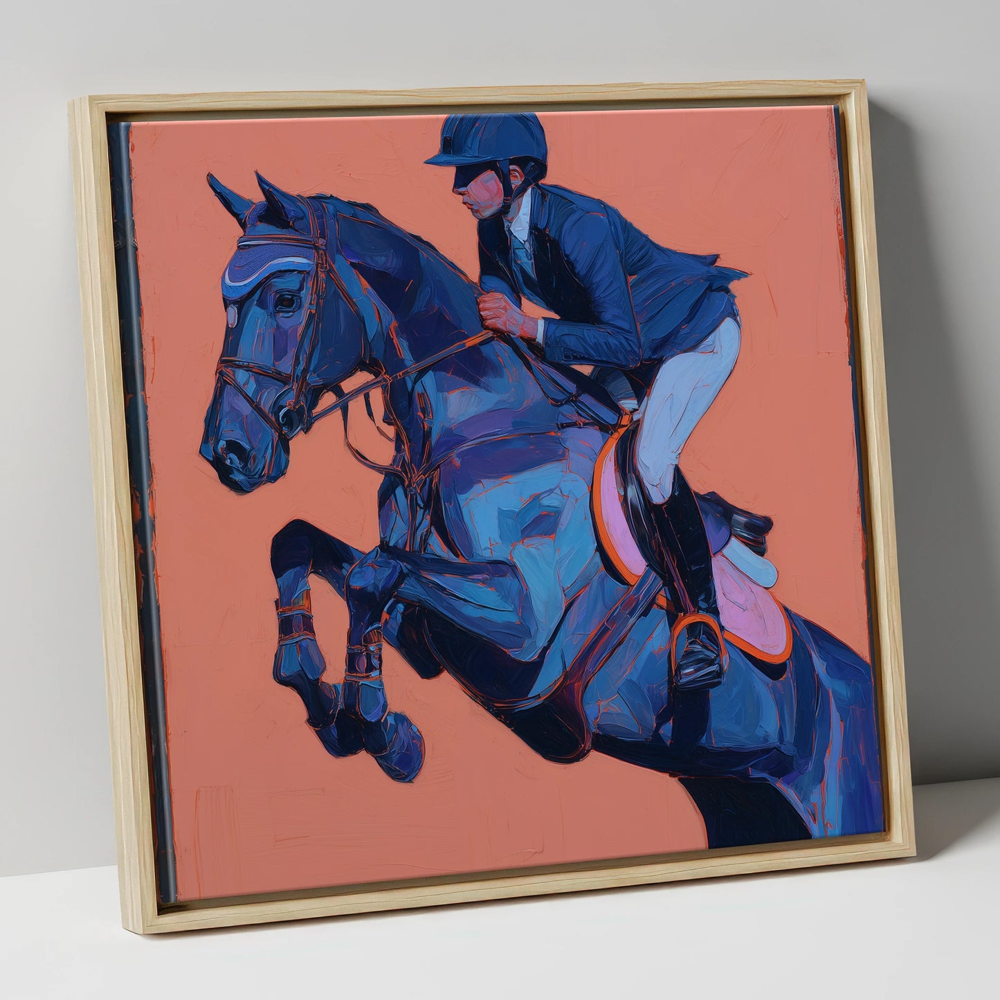 Indigo Flight show jumping horse canvas wall art in natural frame
