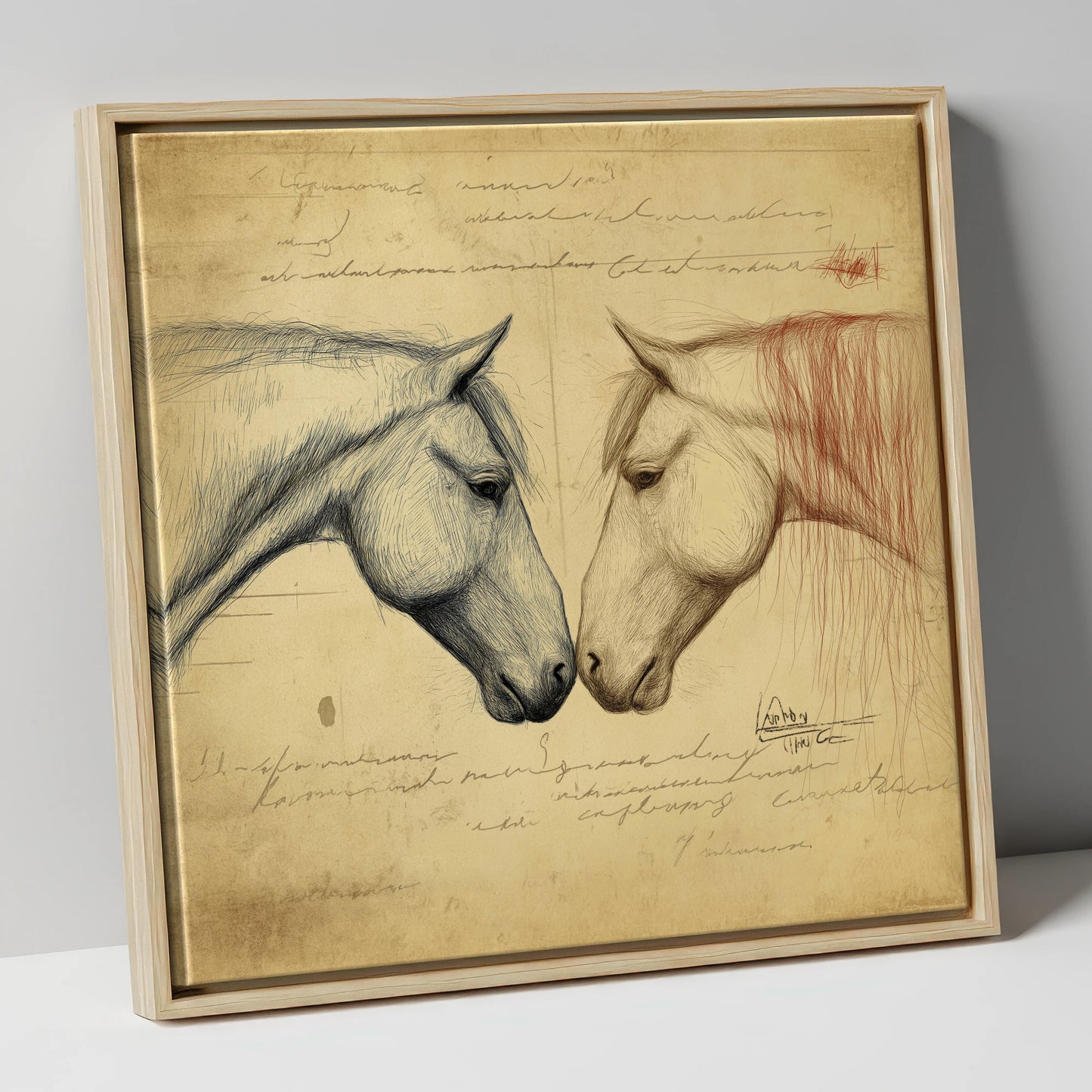 Vintage Equine Encounter horse portrait canvas wall art in natural frame
