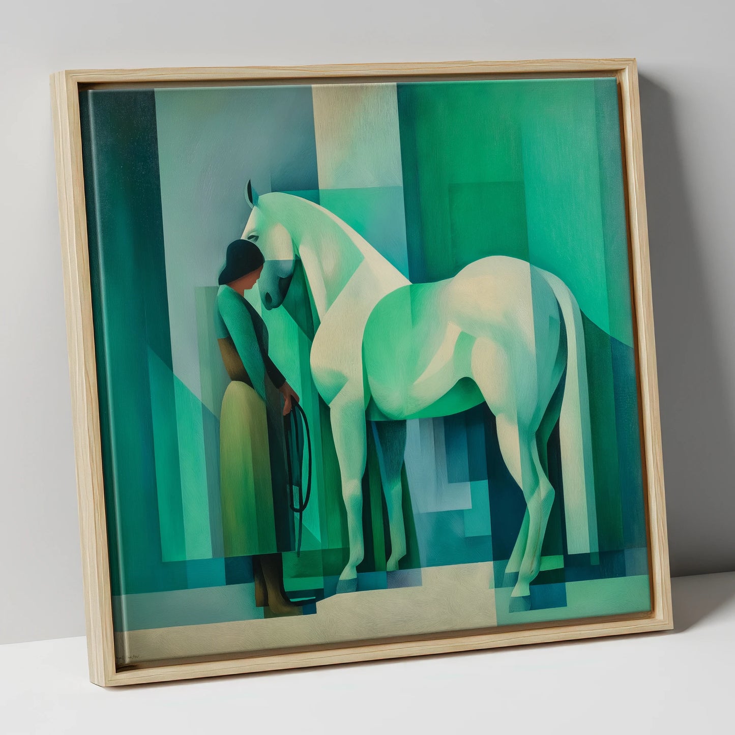 Emerald Equine Harmony horse & rider canvas wall art in natural frame