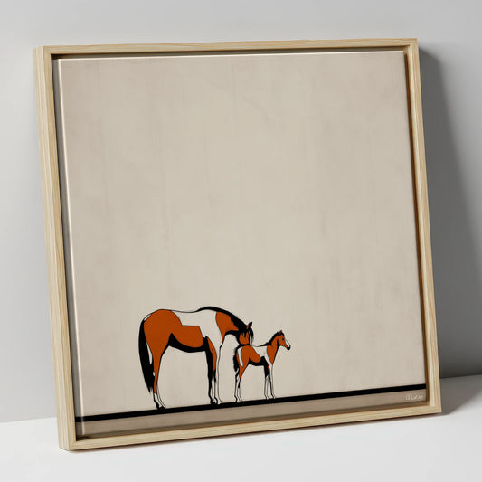 Quiet Moments mare & foal canvas wall art in natural frame