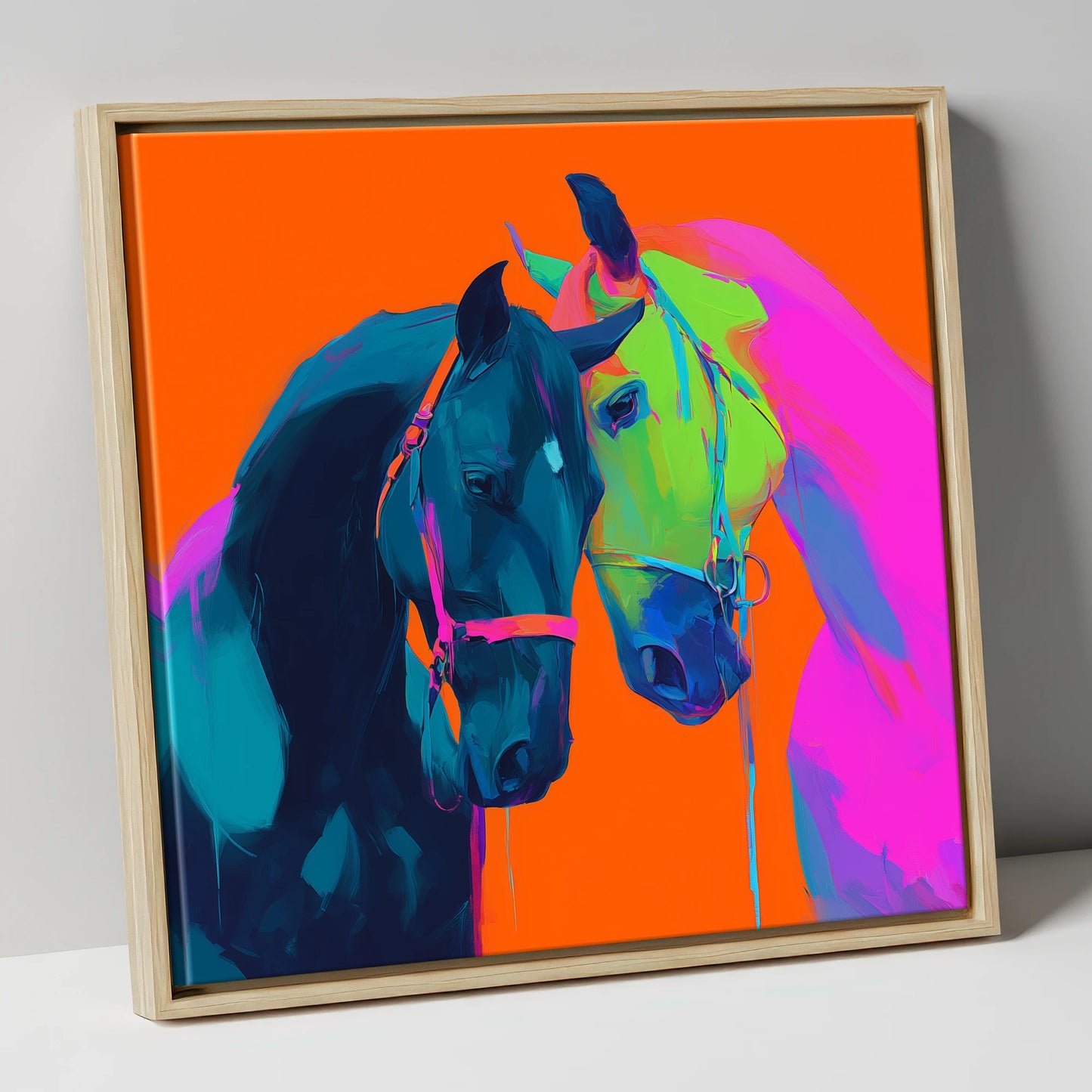 Electric Companions horse portrait canvas wall art in natural frame