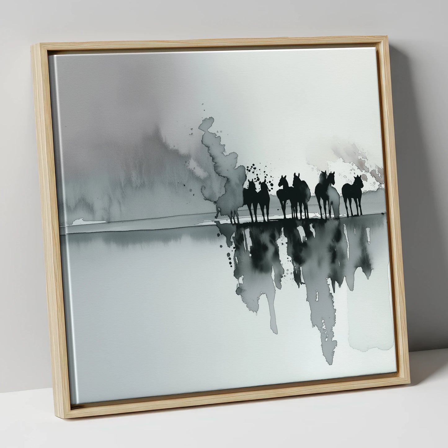 Monochrome Mist Herd wild horses canvas wall art in natural frame
