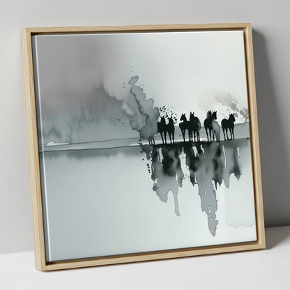 Monochrome Mist Herd wild horses canvas wall art in natural frame