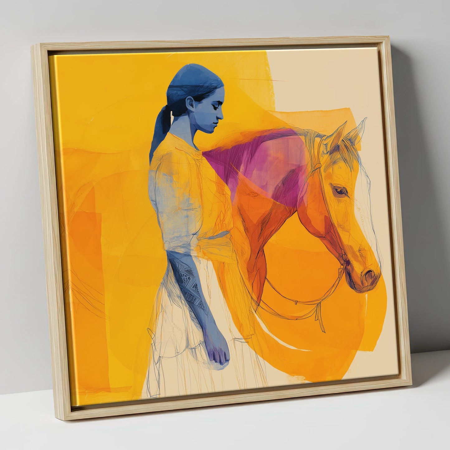 Vivid Bond horse & rider canvas wall art in natural frame